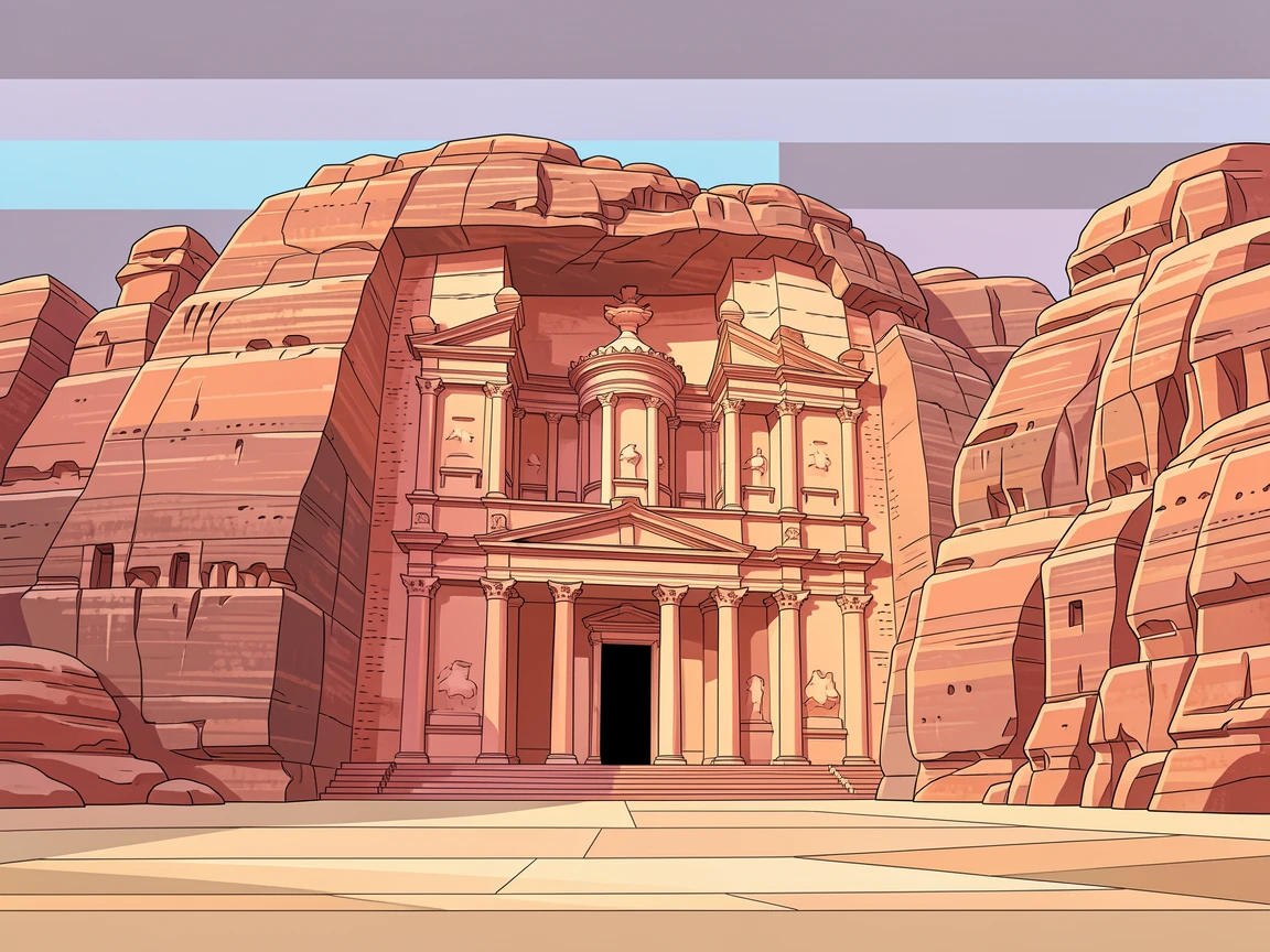 The lost city of Petra carved into rose-colored sandstone cliffs.