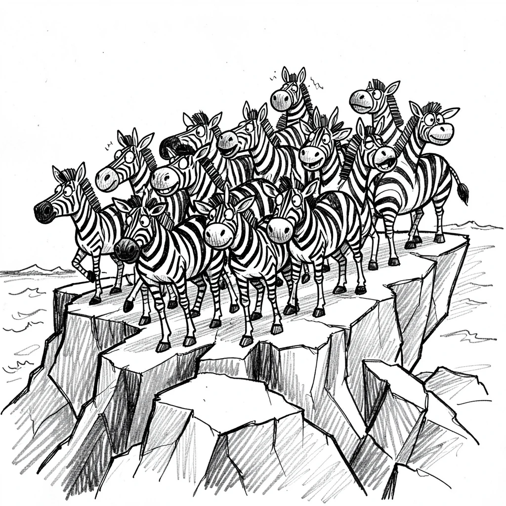 A herd of zebras on a rocky coastal cliff.