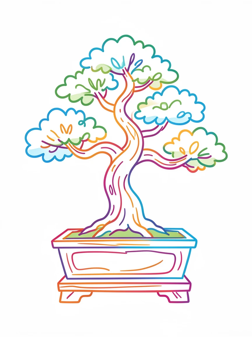 A bonsai tree carefully shaped on a wooden display stand.