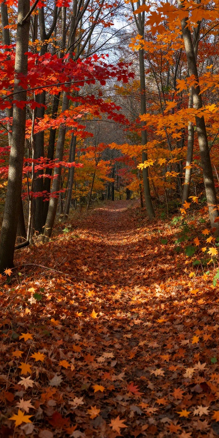 Autumn leaves in fiery red and orange blanketing a forest trail