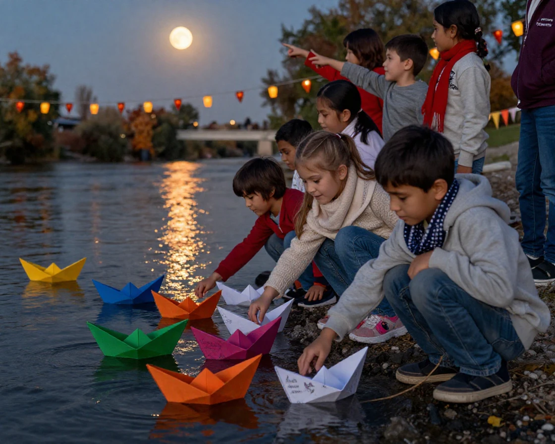 Children release paper boats onto a river during a harvest moon festival.