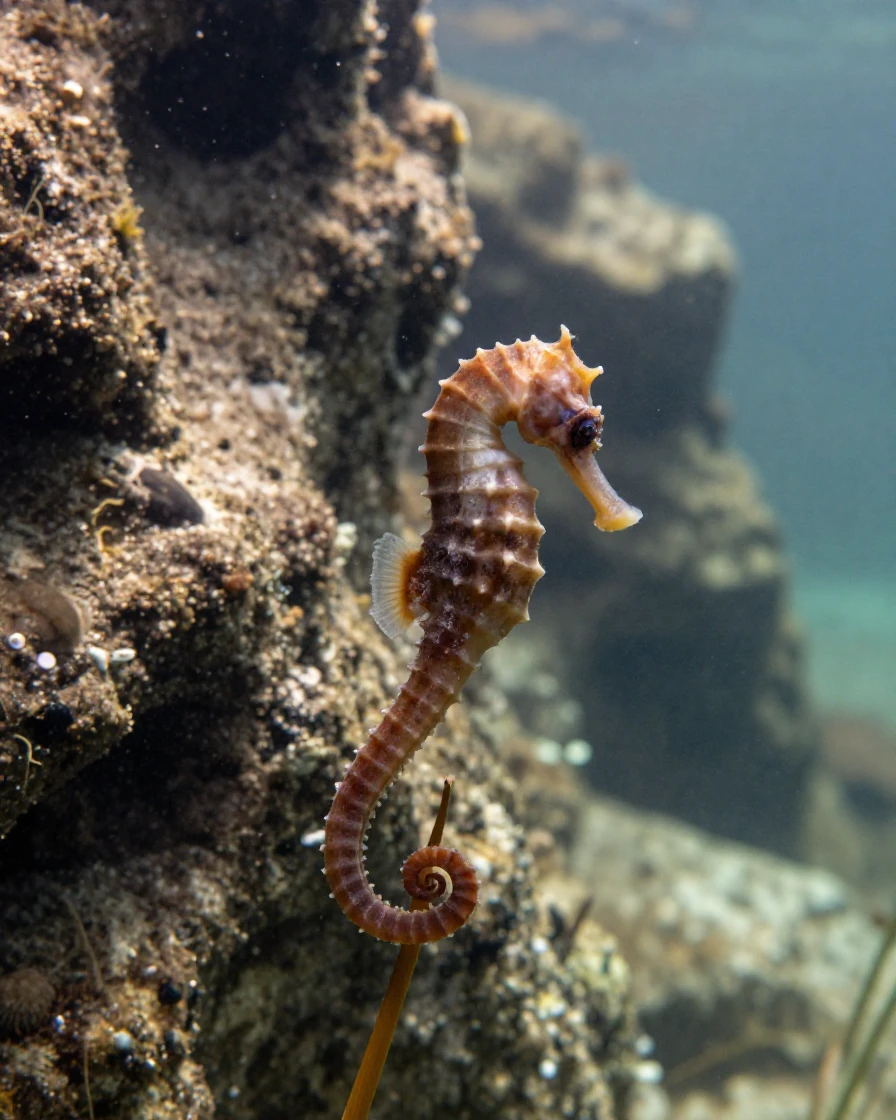 A seahorse anchored to a swaying reed drifting quietly along a rocky underwater cliff