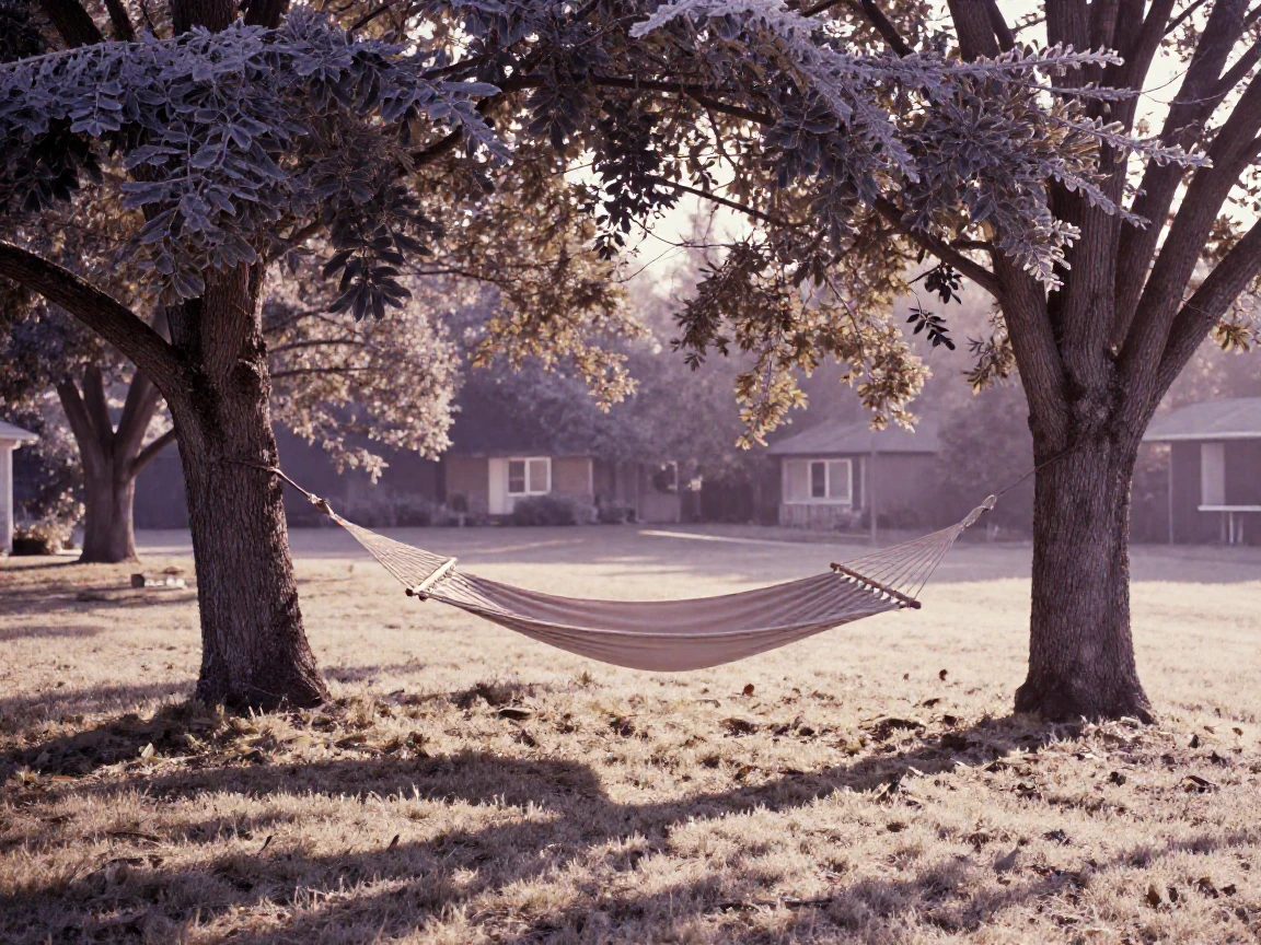 A hammock strung between two trees in a shaded backyard, in soft window light, with frost coating every surface, in summer, in dusty lavender and rose tones, shot from directly overhead.