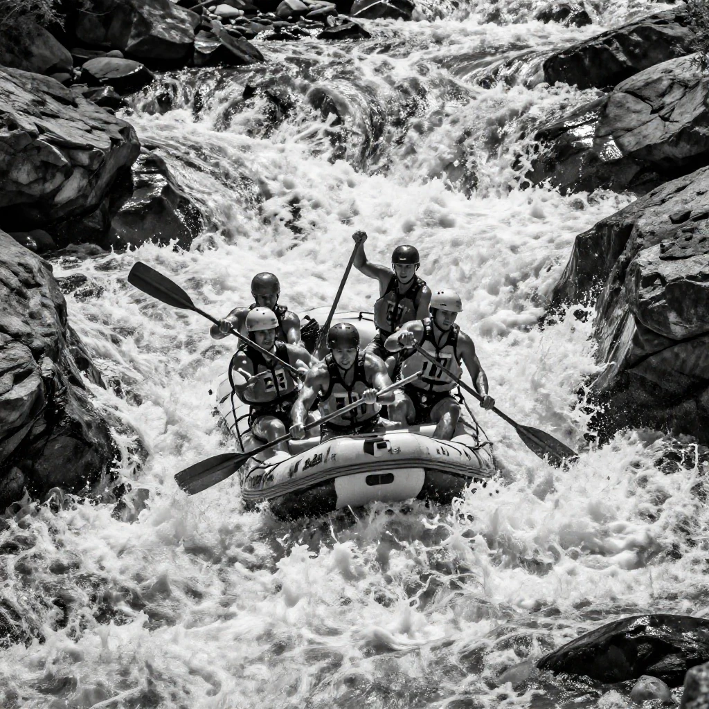 A rafting group paddles hard through a churning rapid through a narrow whitewater channel.