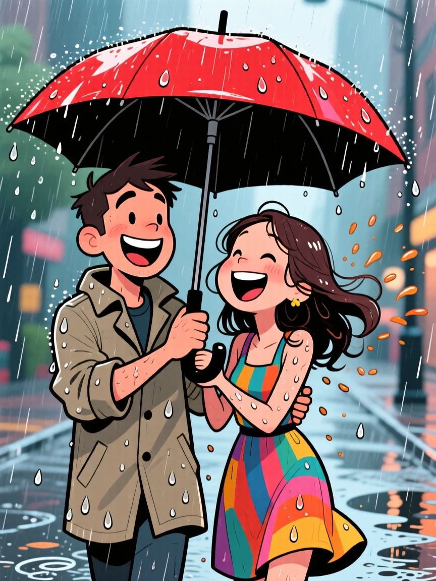 A heartwarming moment depicting two strangers sharing an umbrella during a sudden downpour, laughing as they both get soaked anyway.