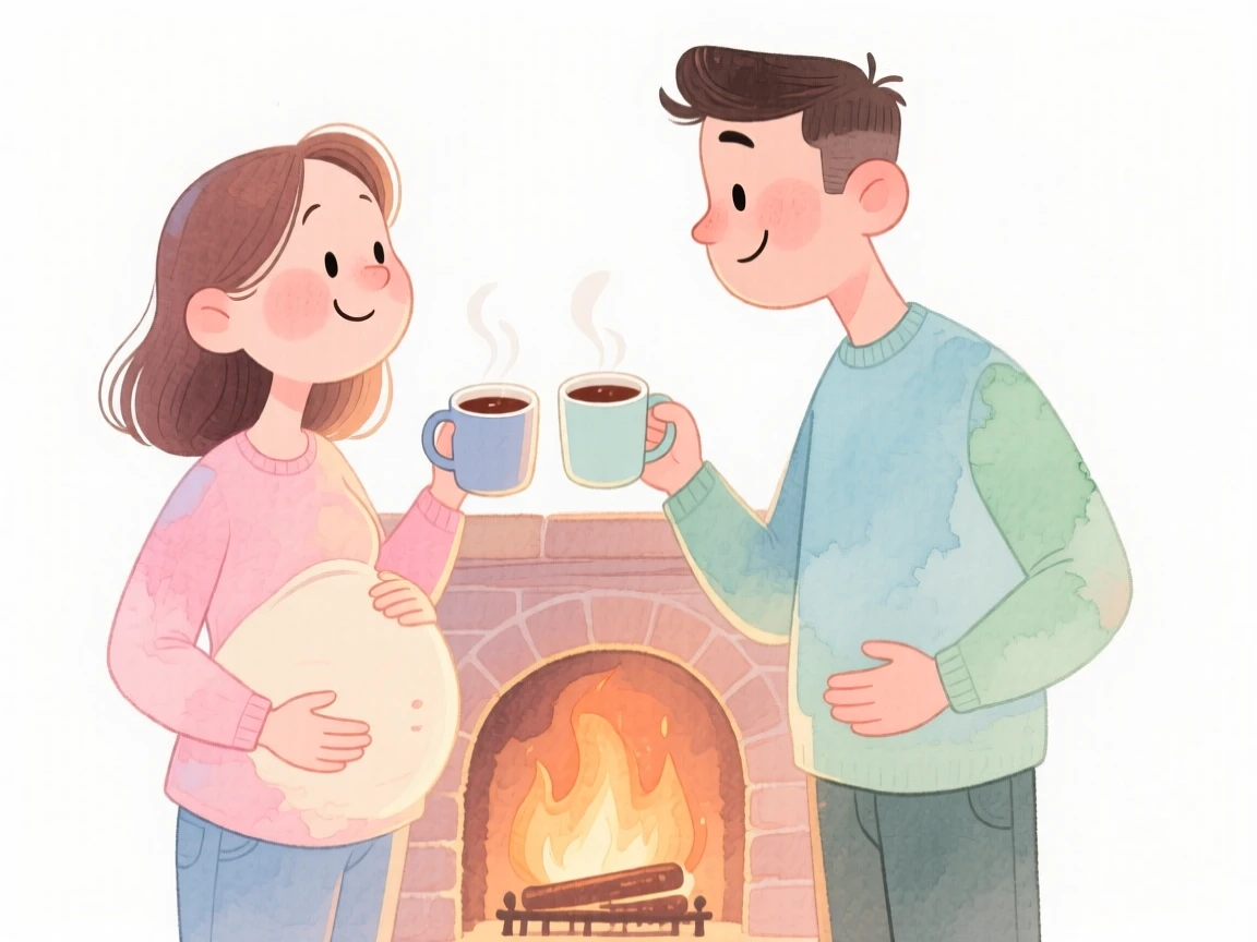 A couple expecting their first child, hands resting on a belly toasting with mugs of hot cocoa by a fireplace
