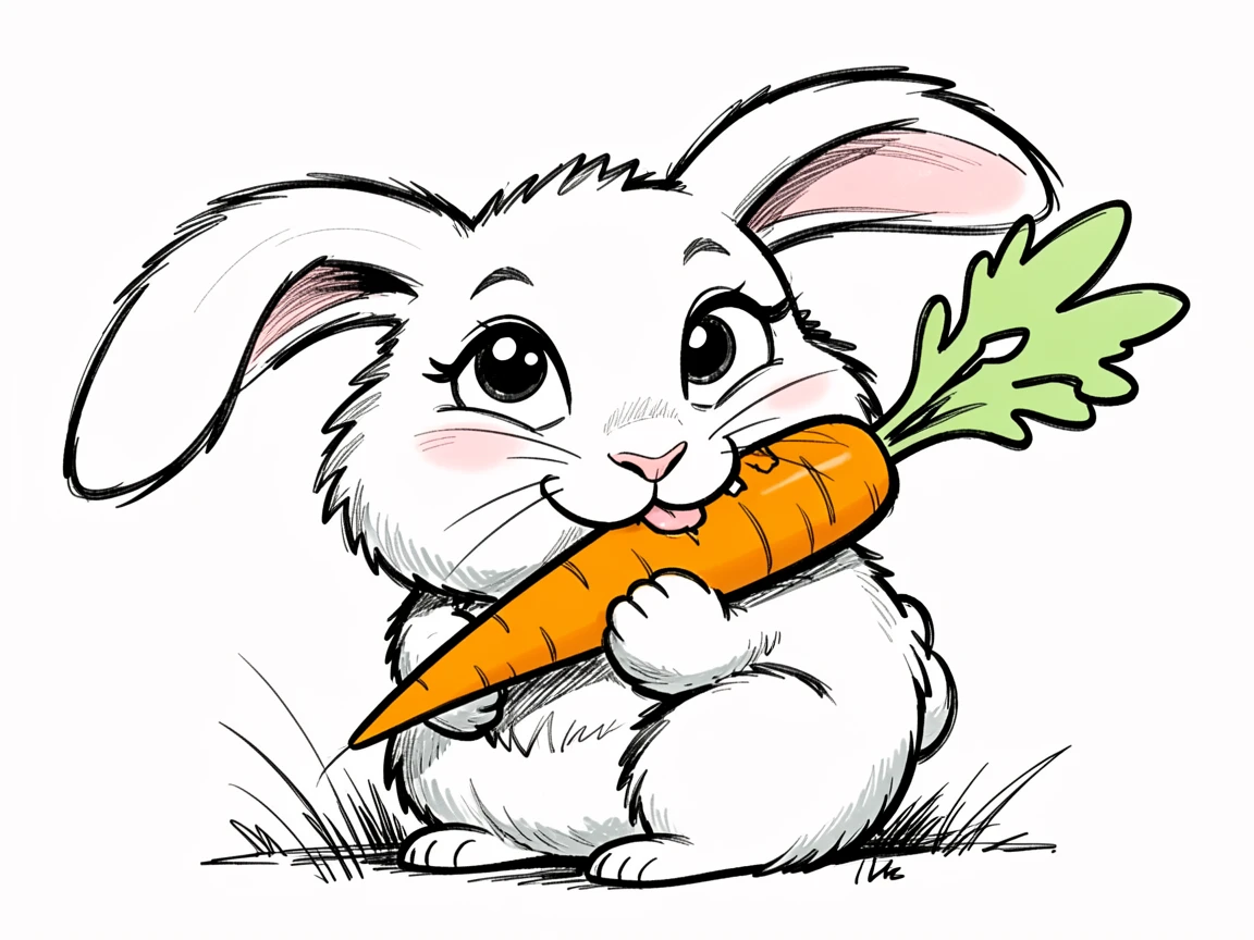 [Cute Animals & Pets] Adorable scene of a fluffy white bunny nibbling on a fresh carrot, bursting with charm and playful energy