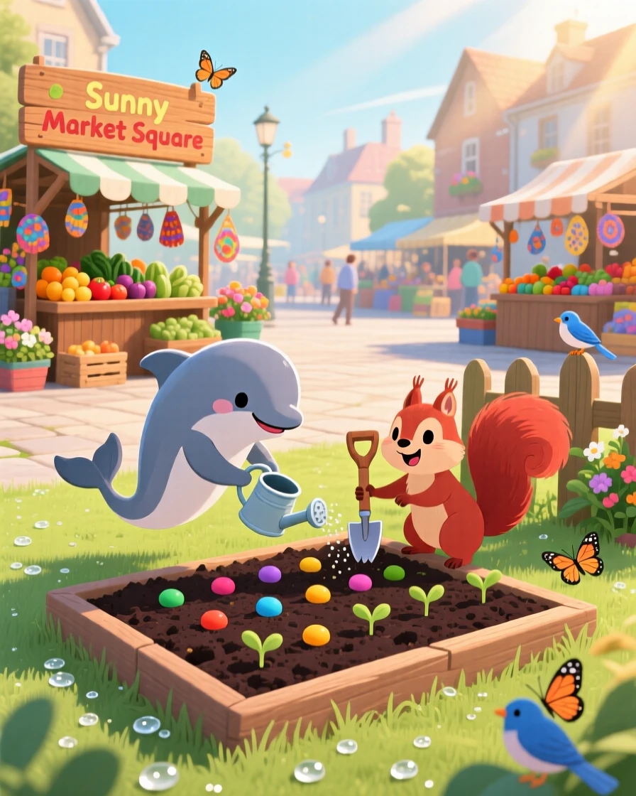 Near a bustling market square, a playful dolphin calf is planting seeds in a garden bed alongside a small woodland friend, as morning dew glistens on the grass.