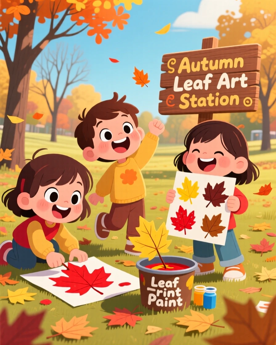 Children making leaf-print art on a crisp autumn day.