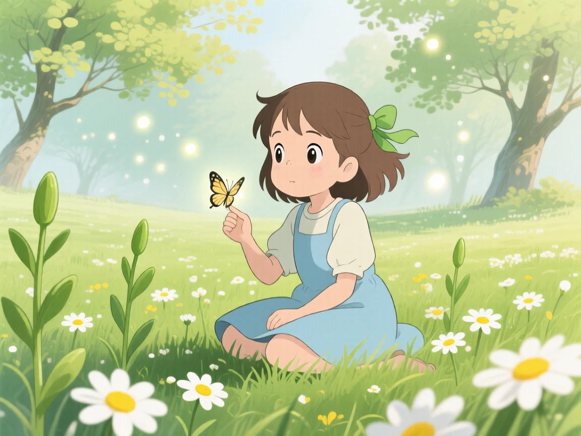 A spring scene of a meadow filled with fresh green shoots and scattered daisies, with soft light filtering through the atmosphere.
