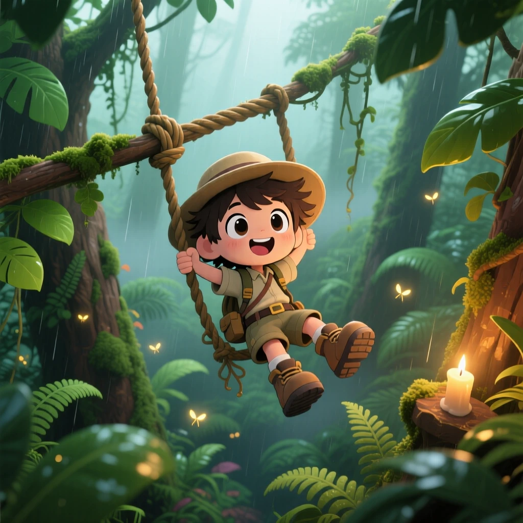 High aerial view of a jungle guide, swinging from a sturdy vine between trees, in a dense green rainforest, on a misty foggy morning, illuminated by gentle candlelight, radiating bubbly enthusiasm.