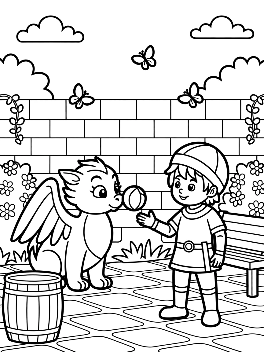 A baby griffin playing fetch with a knight in a courtyard