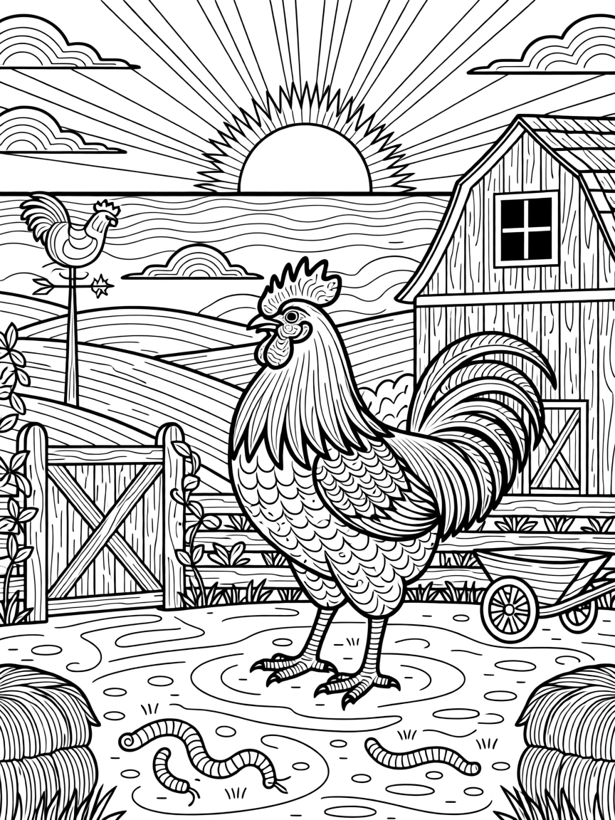 A colorful rooster strutting in a farmyard at sunrise.