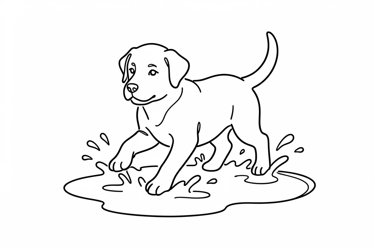 A Labrador puppy splashing through a puddle after a summer rain shower
