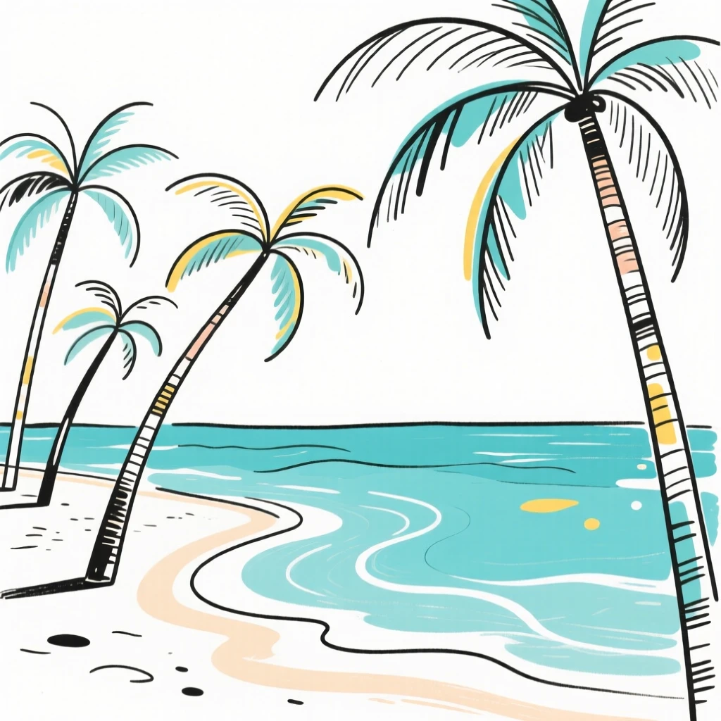 A tropical beach with palm trees swaying beside turquoise water.