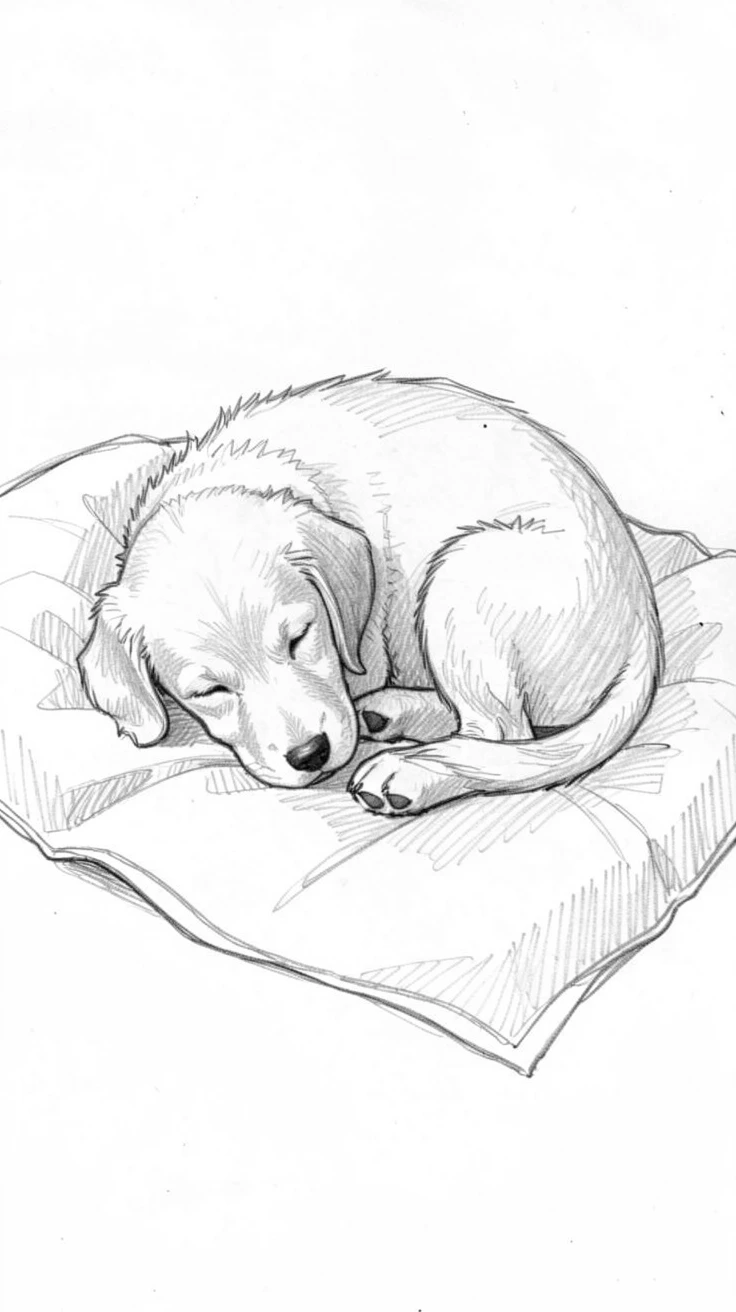 A heartwarming scene of a golden retriever puppy curled up on a cozy blanket, with tiny paws tucked beneath its body.