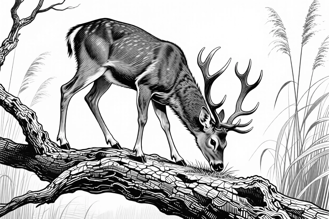 A grazing deer atop a weathered tree branch, framed by tall reeds, capturing a noble and powerful moment in nature with a strong, centered focal point.