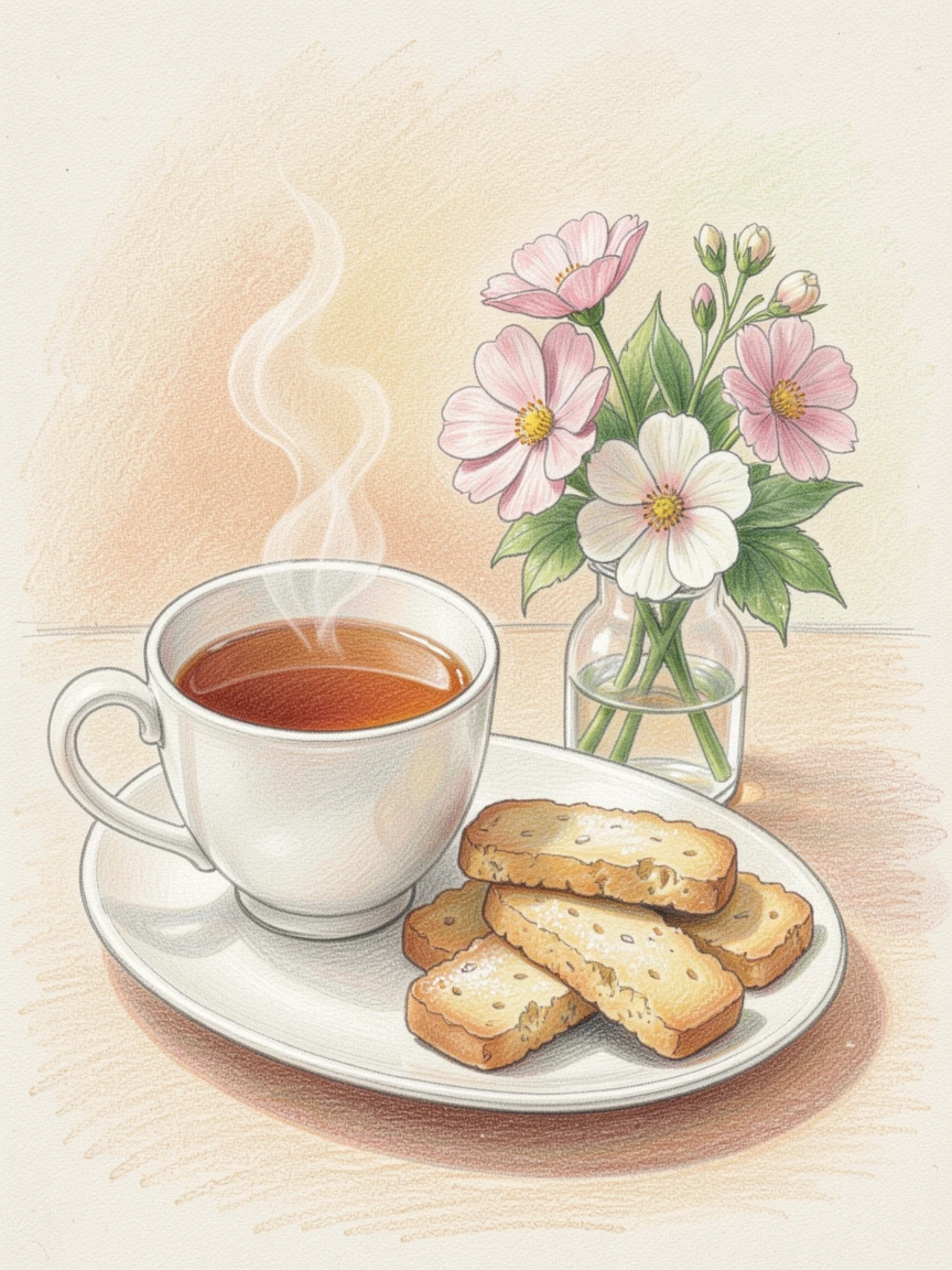 A cup of freshly brewed tea with a plate of shortbread cookies, set beside a small vase of fresh flowers, perfect for a warm, homey, appetite-inducing scene.