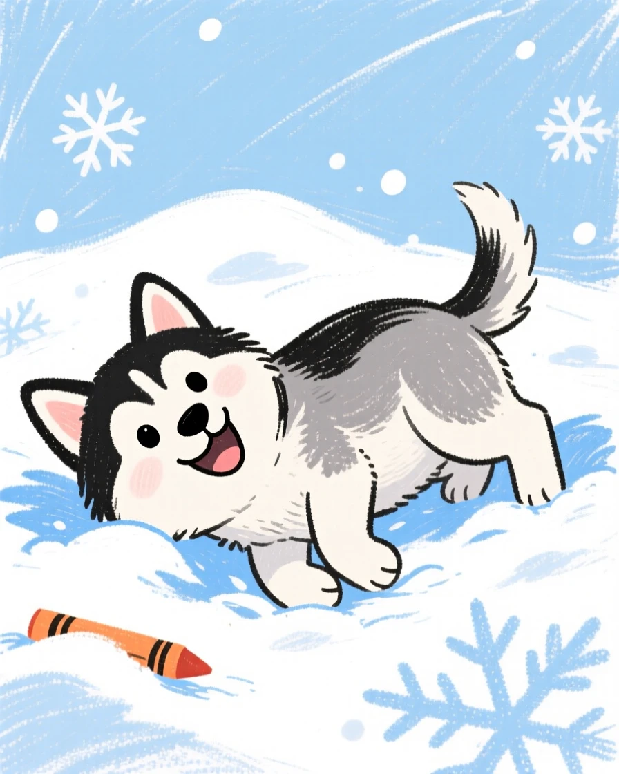 A husky puppy rolling playfully in a fresh pile of snow.