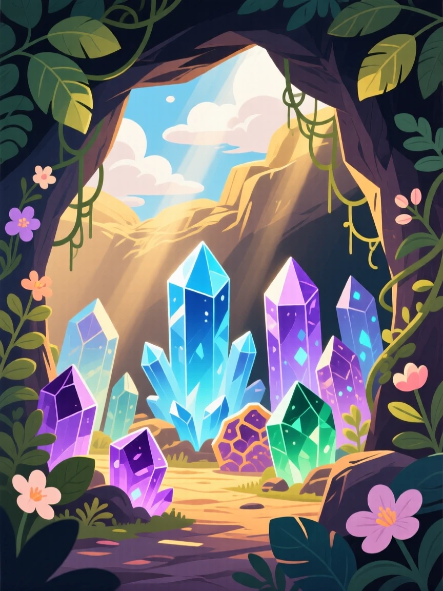 A crystal cave with glowing mineral formations, with soft rays of sunlight breaking through the clouds, composed with soft natural framing from surrounding foliage, with delicate textures visible in every leaf and petal.
