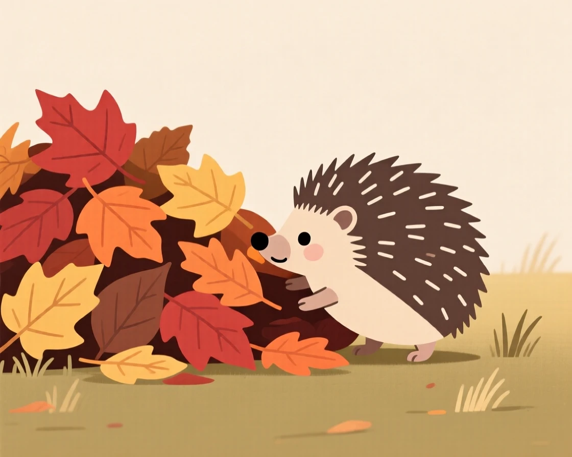 A tiny hedgehog exploring a pile of autumn leaves in a garden.