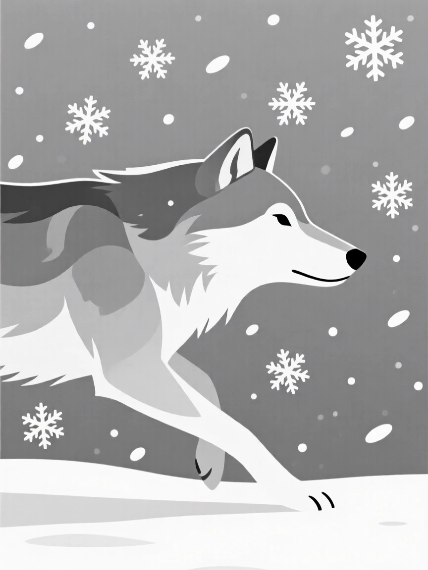 A close-up view of a gray wolf gliding calmly nearby, surrounded by falling snowflakes, full of playful energy.