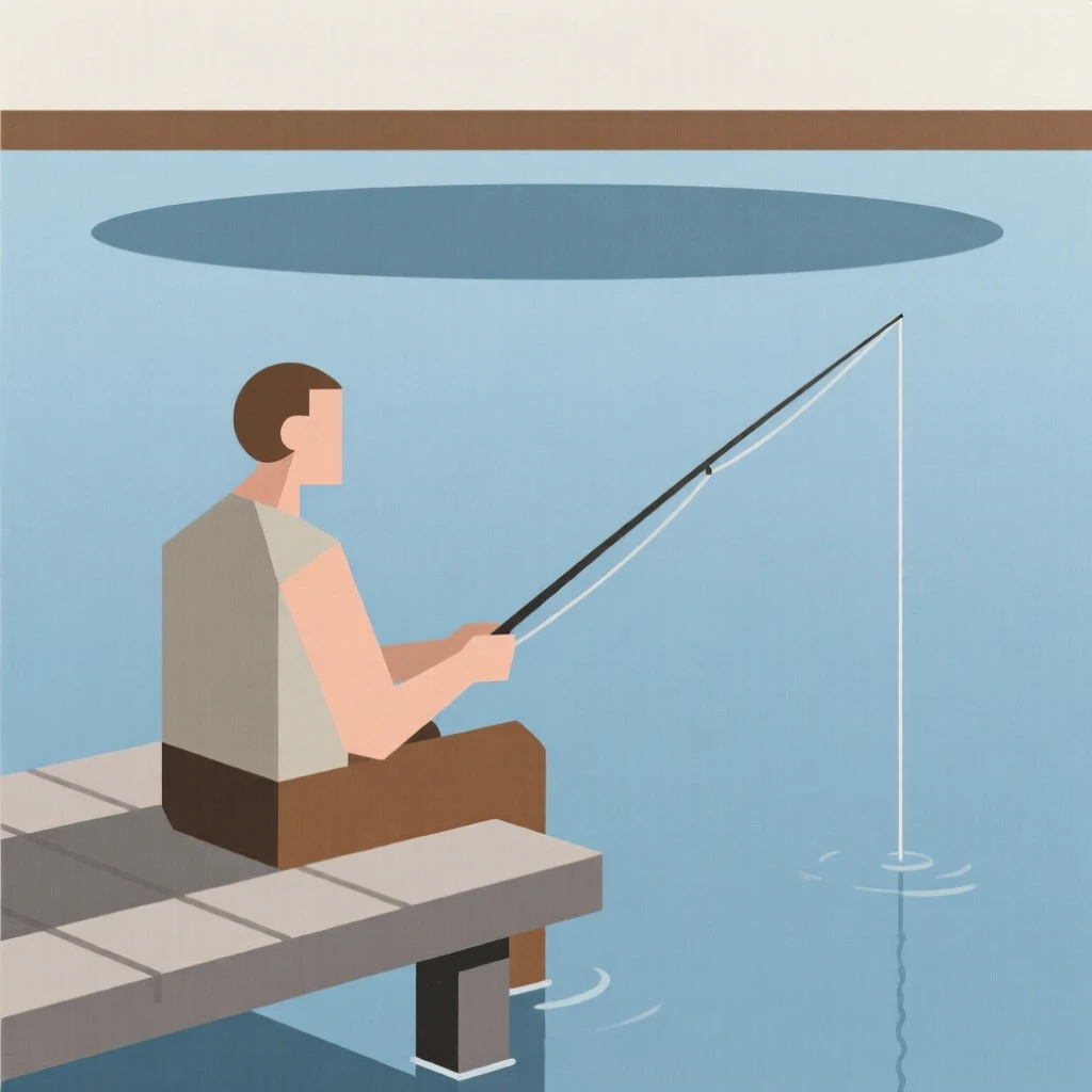 A man fishing quietly by a calm lake