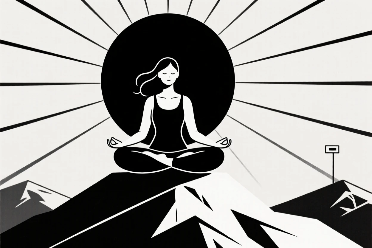 A woman meditating at sunrise on a mountaintop.