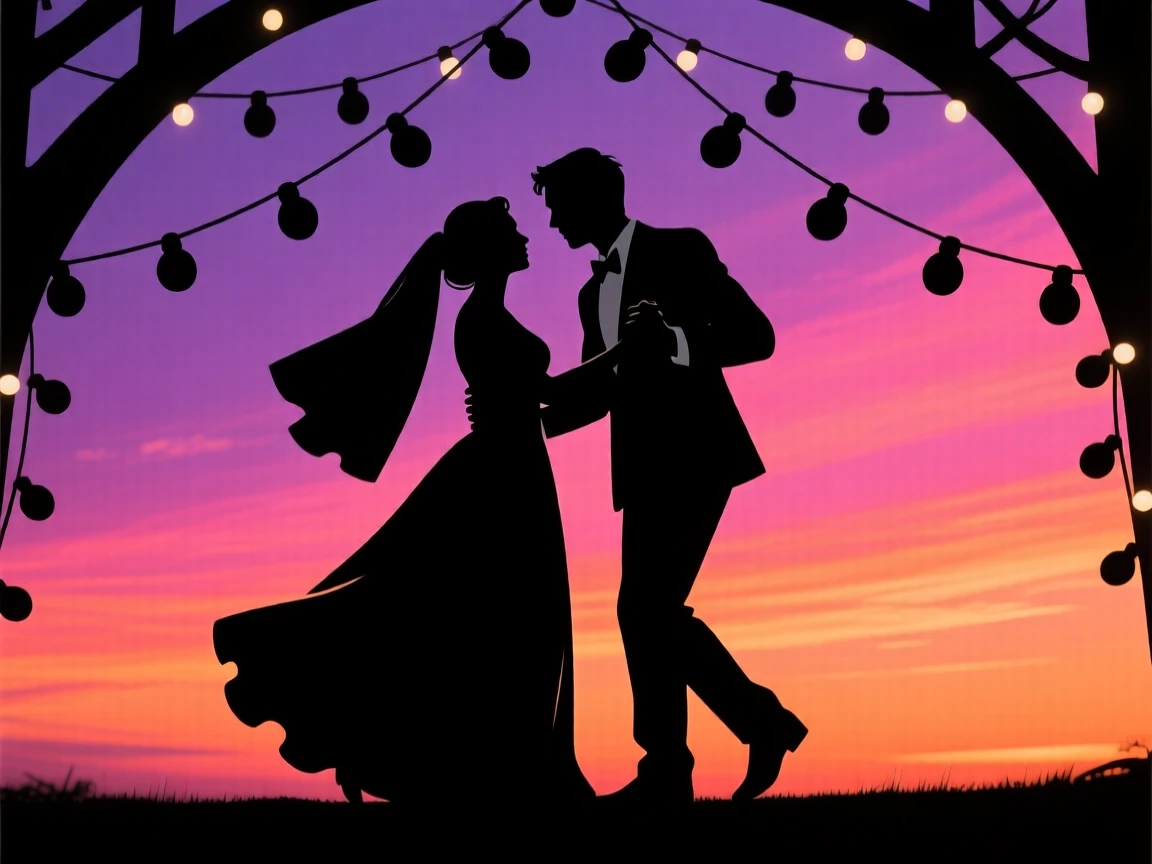A bride and groom sharing their first dance beneath strings of hanging lights.