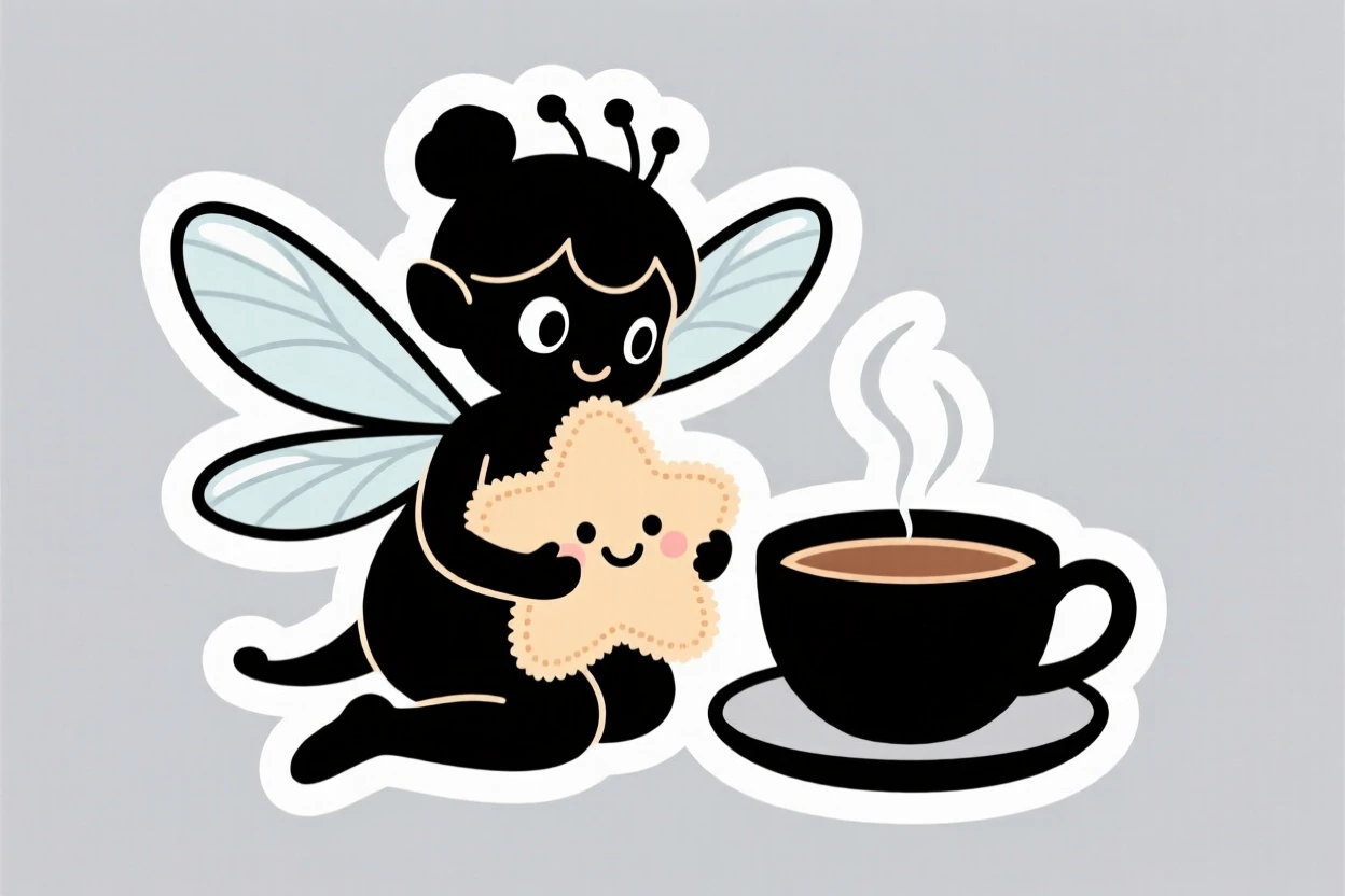 A wide-eyed small dragonfly fairy hugging a plush star toy, next to a steaming cup of tea.