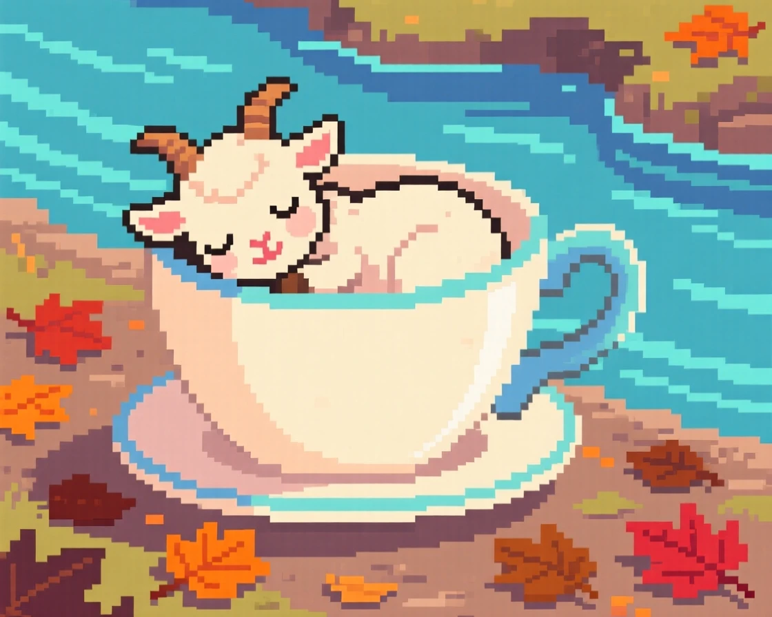A baby goat napping inside a giant teacup, on a riverbank scattered with fallen leaves.