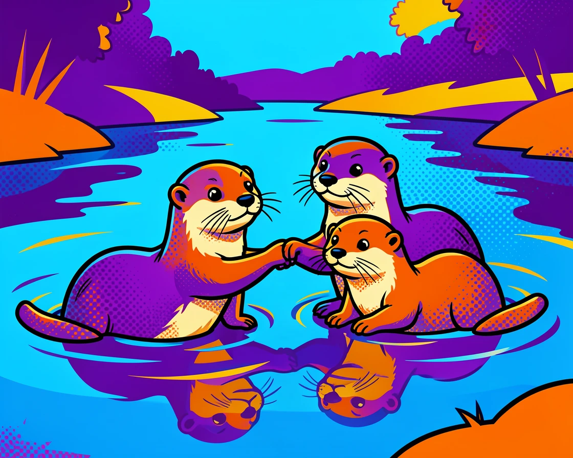 A family of otters holding paws while floating on a calm river