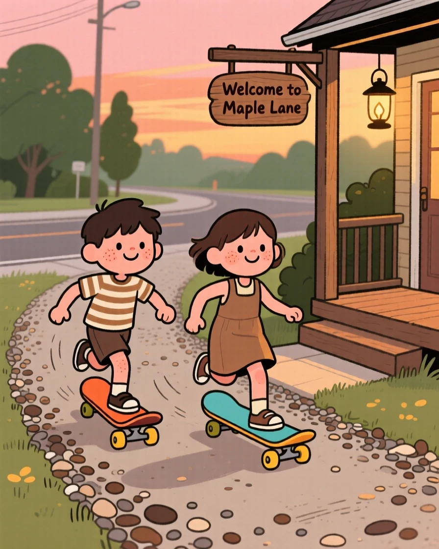 A child rides a skateboard down a gravel driveway on a warm summer evening, racing a friend to the corner as someone humming a tune drifts from a nearby porch.