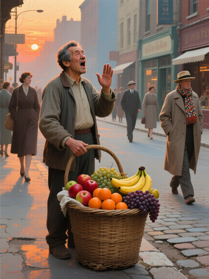A balanced composition of a street vendor calling out to passersby with a basket of fruit, in the last light of sunset, in the 1960s.