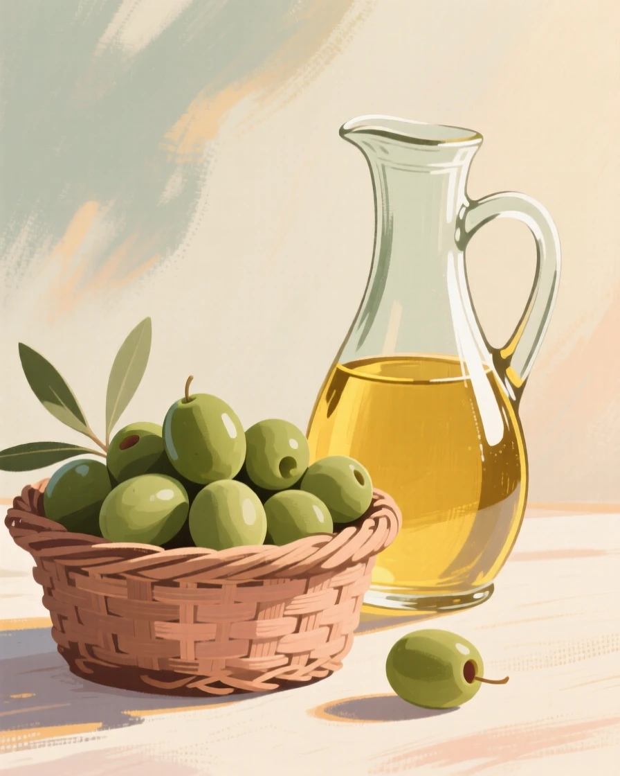 A basket of freshly picked olives beside a jug of golden oil