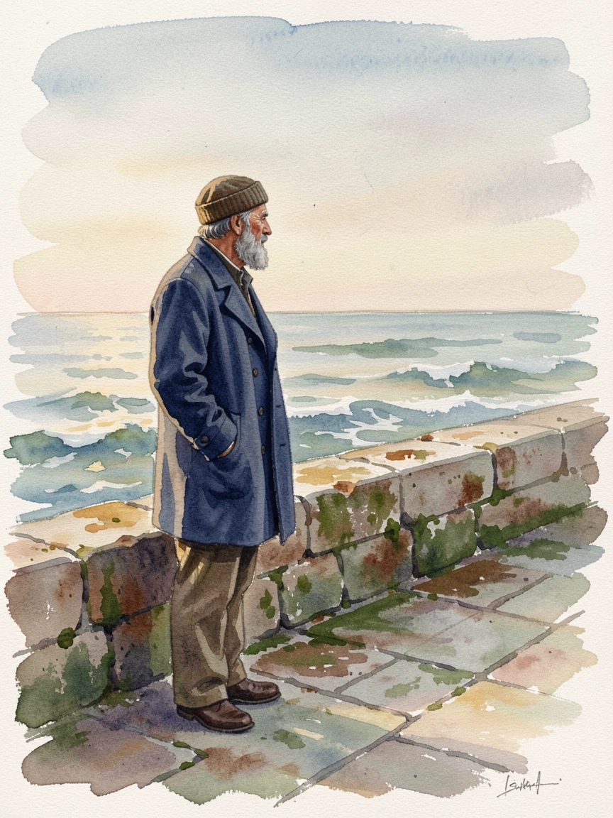 An old sailor gazing out at the sea from a harbor wall.