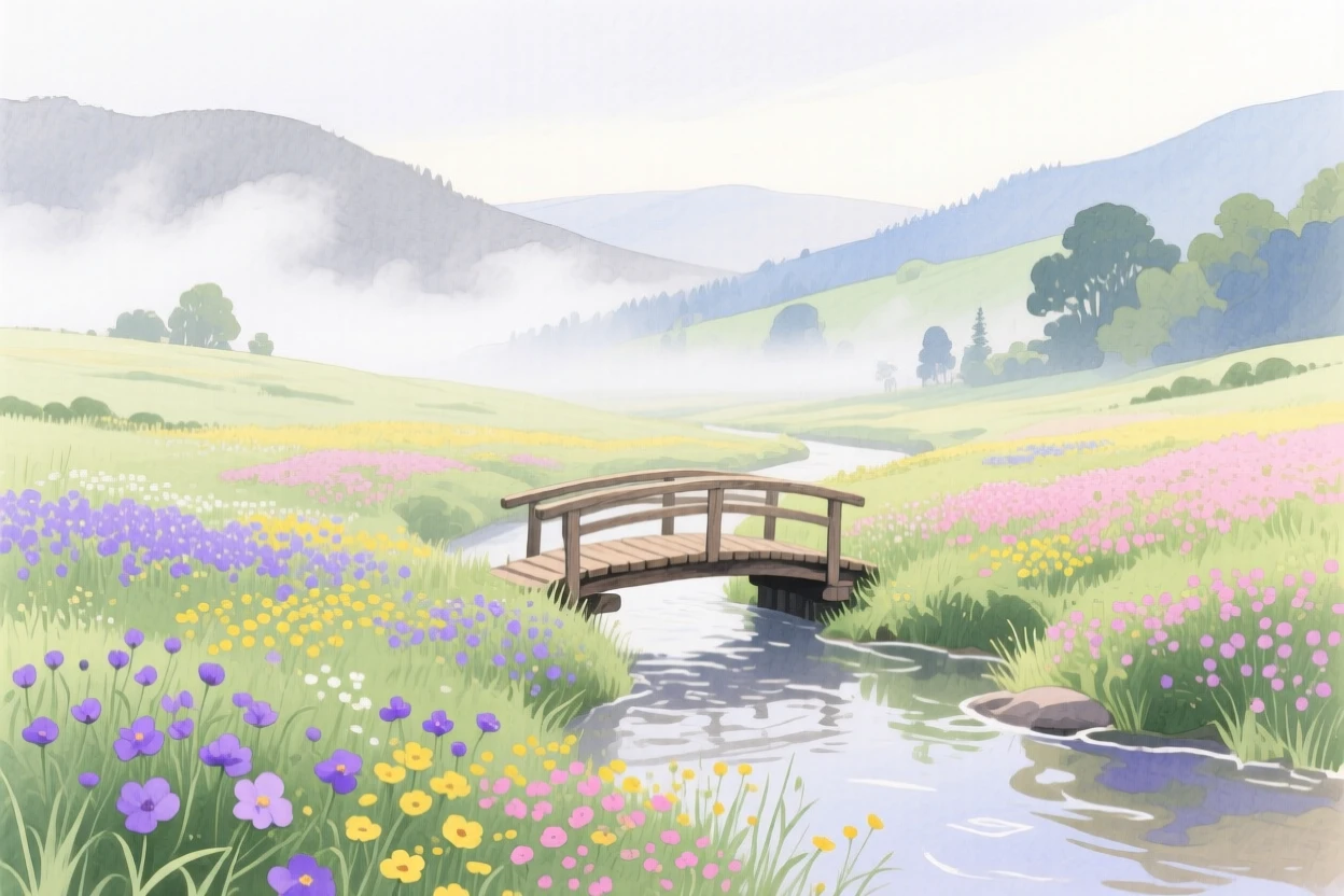 A breathtaking view of a valley of blooming wildflowers as fog lifts from the valley, with a small wooden bridge crossing a stream