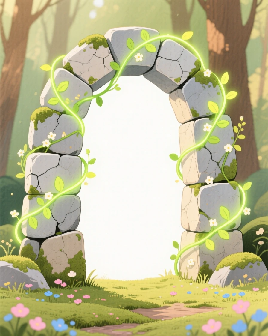 A wondrous view of an ancient stone archway covered in glowing vines.