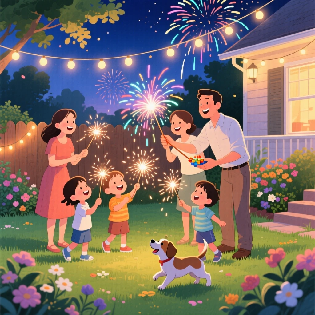 A family lighting fireworks on a summer night, in a backyard glowing with sparklers and string lights, with a pet weaving happily through everyone's feet, evoking joyful celebration and togetherness.