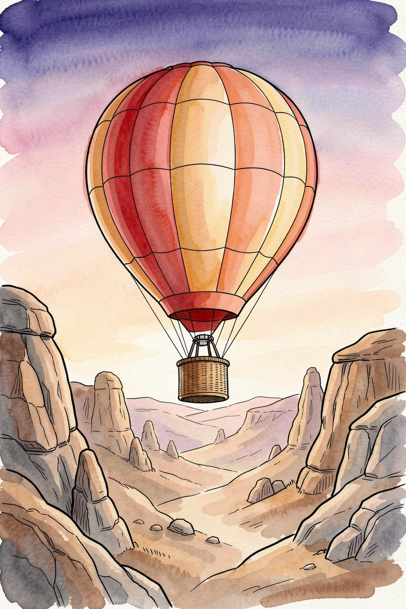 A hot air balloon drifting above a valley of ancient rock formations at sunrise
