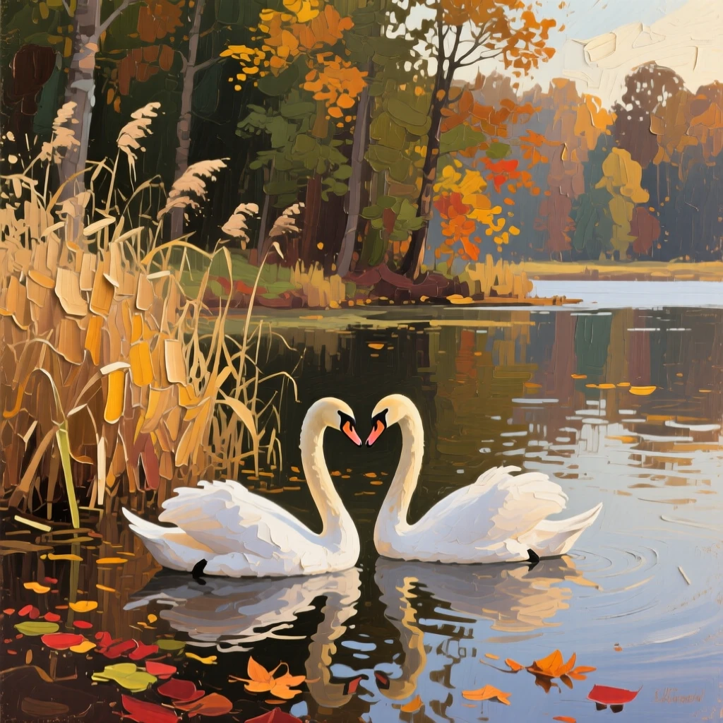 a pair of swans passing reeds at the forest edge, during the first days of autumn, with a balanced, spacious view of the surroundings.