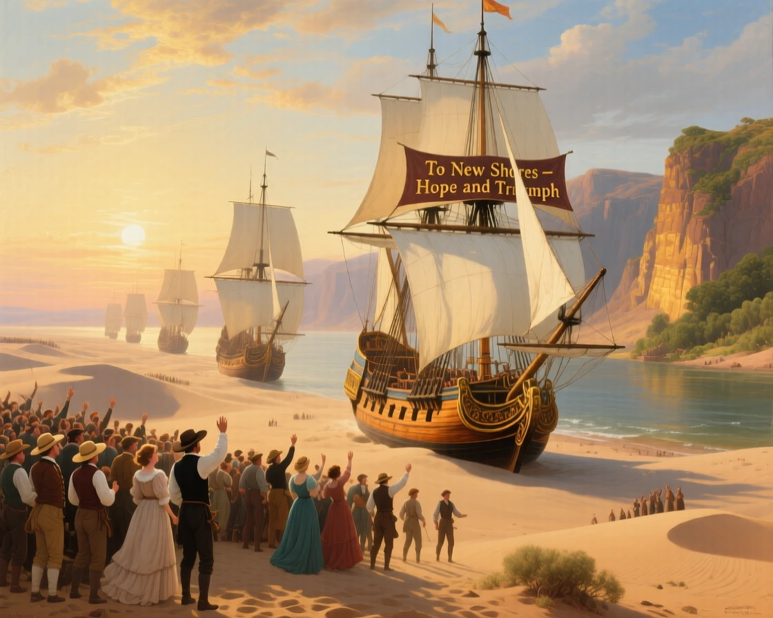 A fleet of ships crosses the desert toward a newly discovered shore before a crowd of cheering citizens.