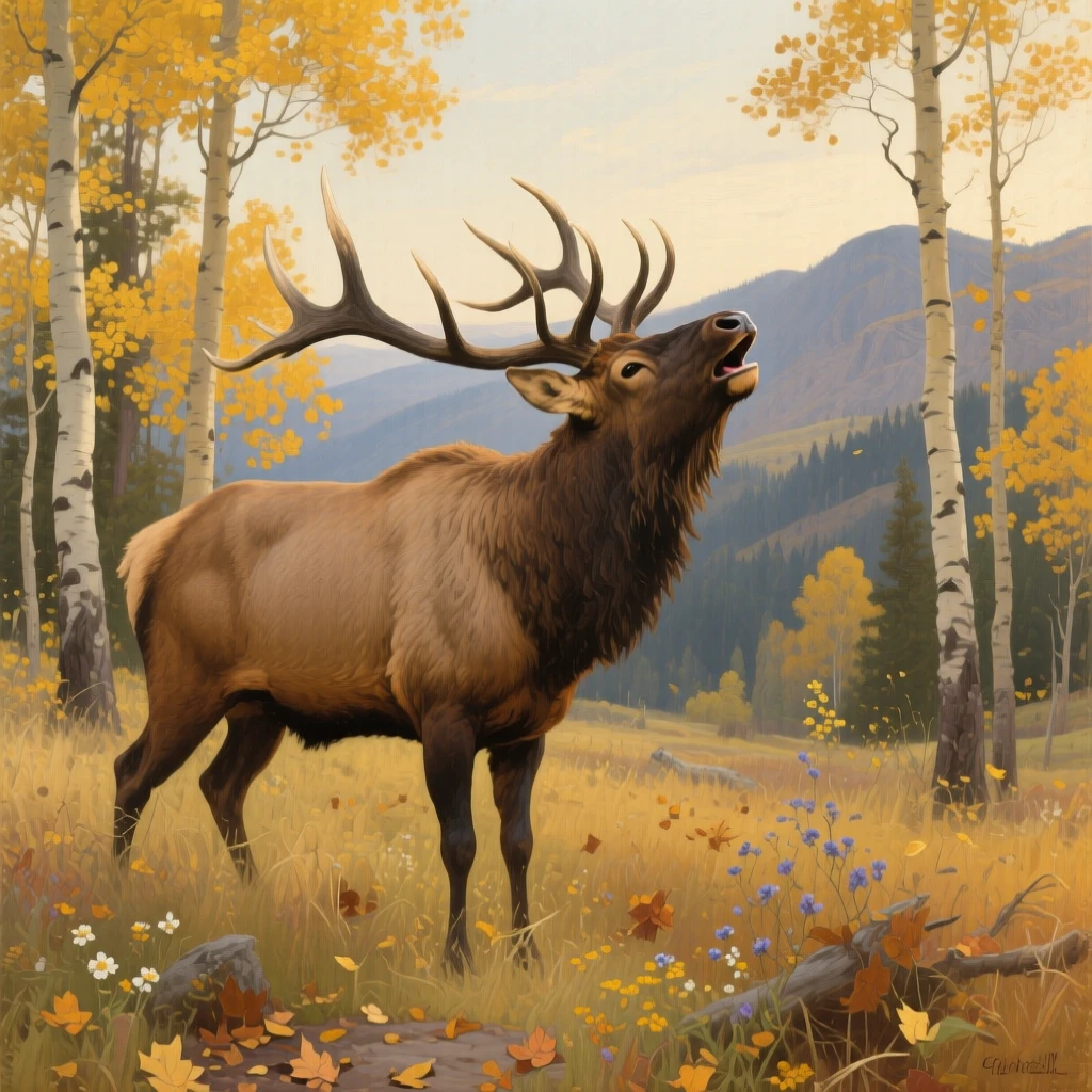 A bull elk bugling proudly in a golden aspen grove, surrounded by the untouched beauty of its natural habitat, highlighting the quiet majesty found in the natural world
