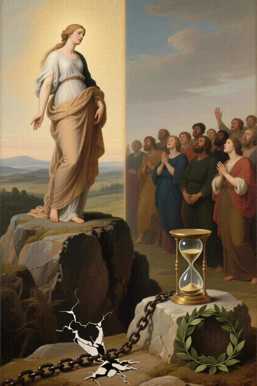 Truth unveiled before a gathering of startled onlookers in a moment charged with timeless symbolic meaning, set atop a rocky promontory overlooking a vast unknown, with symbolic objects such as a broken chain, an hourglass, or a laurel wreath placed with quiet intention; contrasting light and shadow divide the canvas into meaningful halves, evoking profound meditation on fate, virtue, and the human condition.