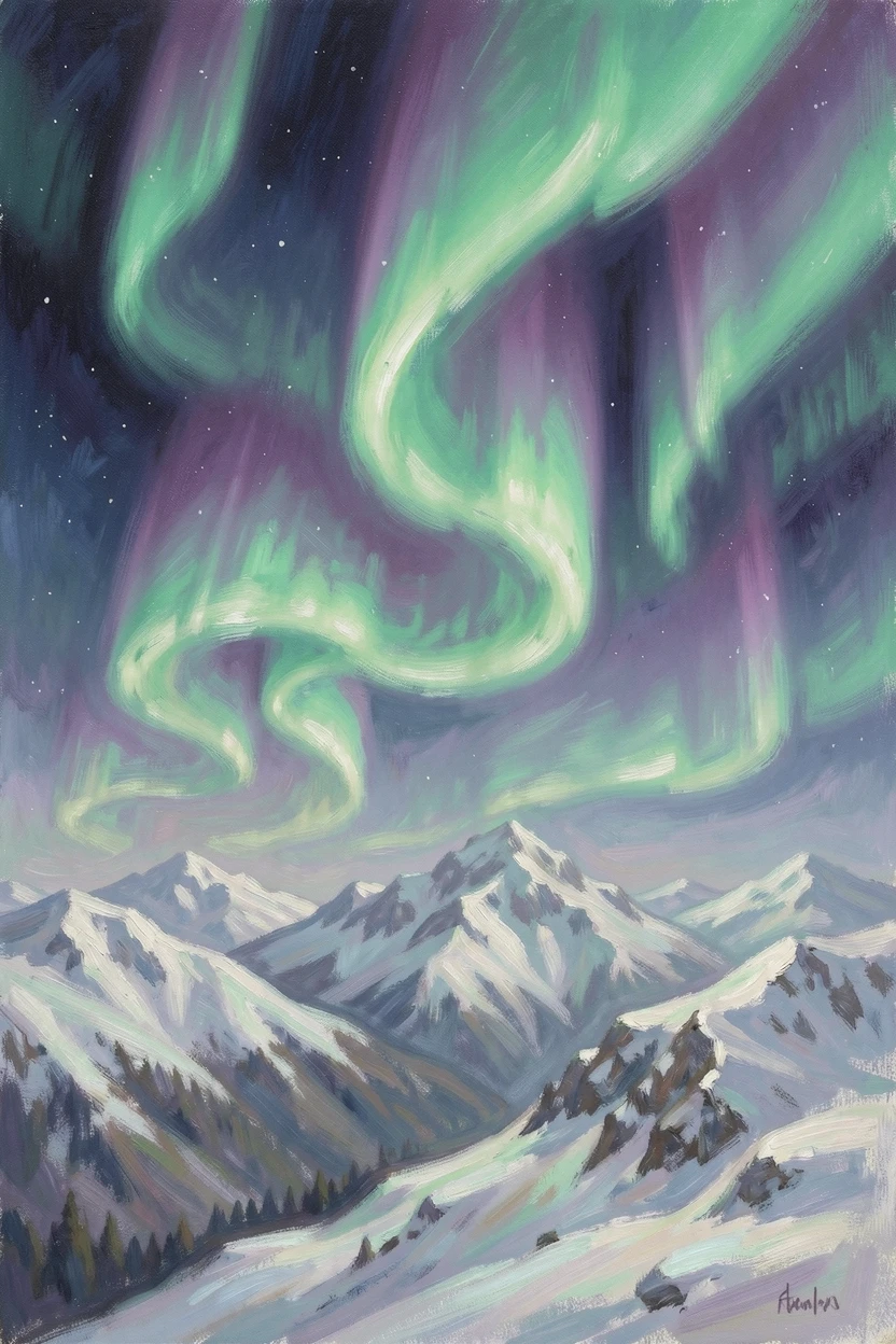 The aurora borealis dancing in brilliant green and purple ribbons above a snow-covered mountain range.