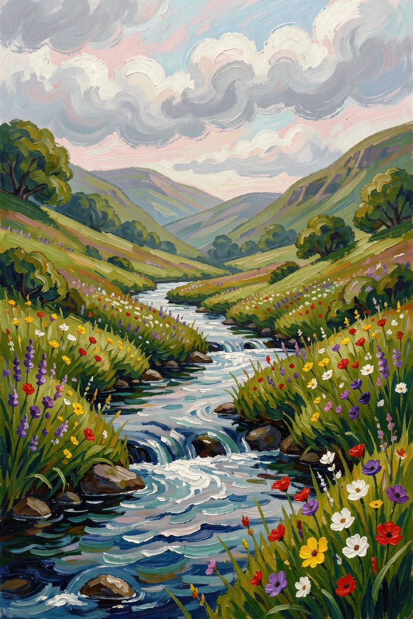 A tranquil highland glen with a winding stream and scattered wildflowers under soft clouds.
