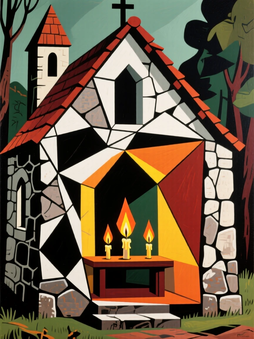 An elegant architectural view of a rustic countryside chapel glowing with candlelight.
