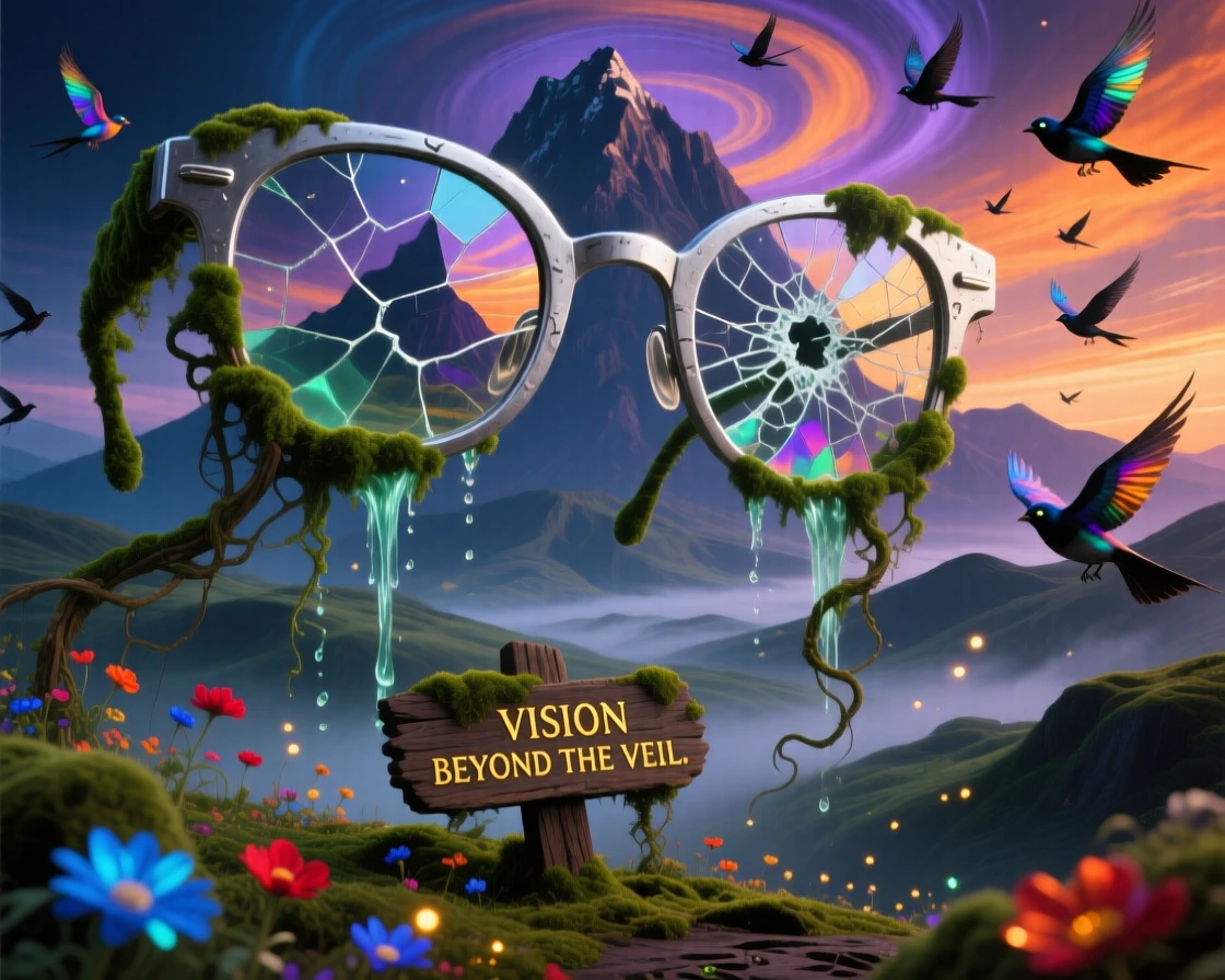 A colossal pair of spectacles framing a distant mountain range has become overgrown with moss, vines, and wildflowers, as birds circle curiously around its towering form.