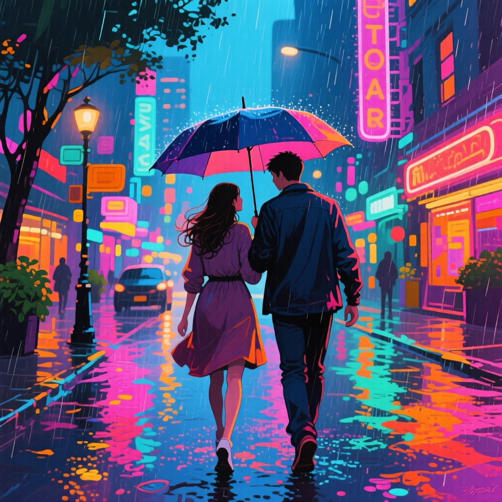 A young couple sharing an umbrella while walking through a neon-lit rainy city street