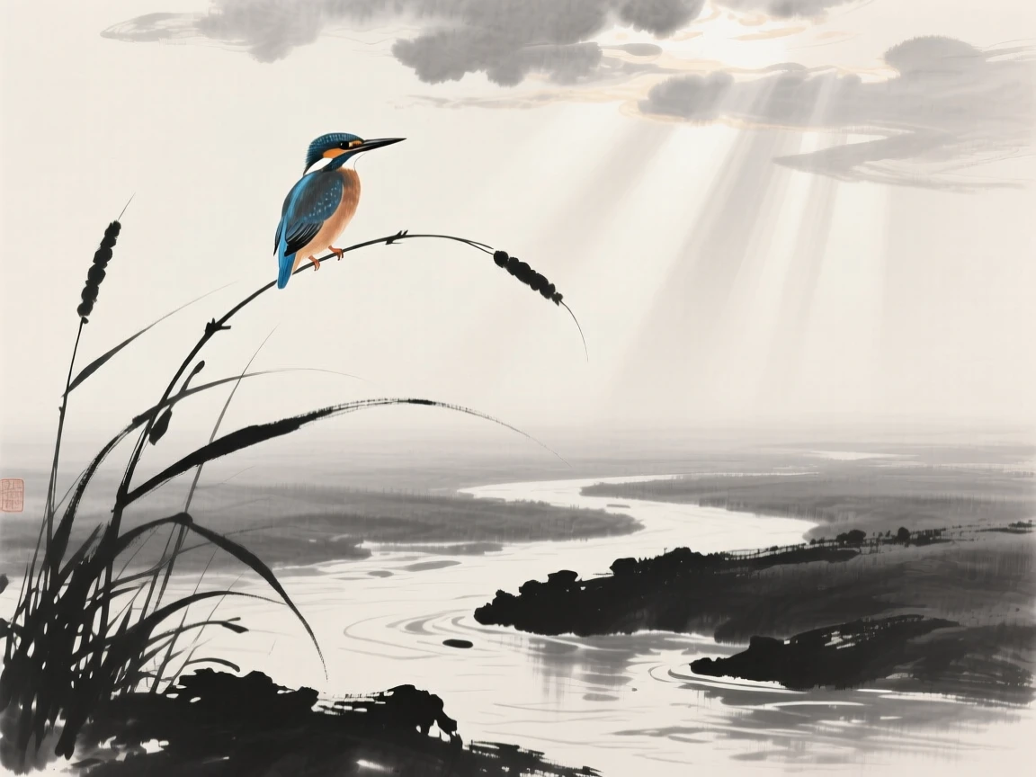 A kingfisher watches from a reed stalk above a stream, while morning light breaks through the clouds.